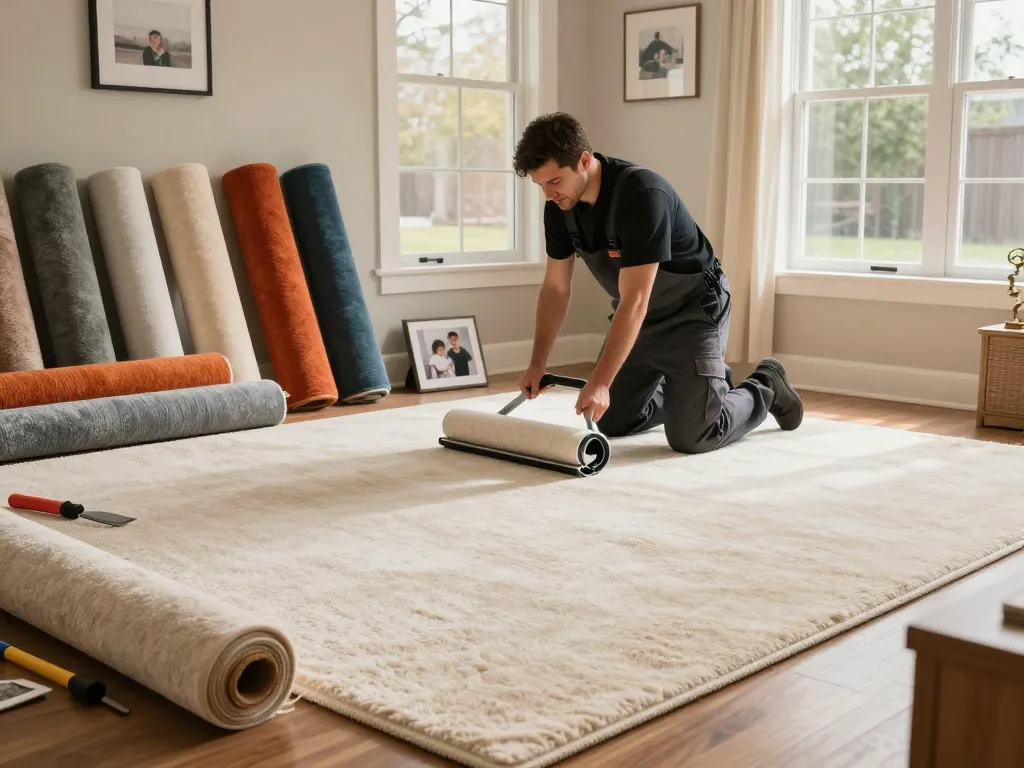 Professional carpet fitters near me working in a cozy living room, installing plush new carpet with tools.