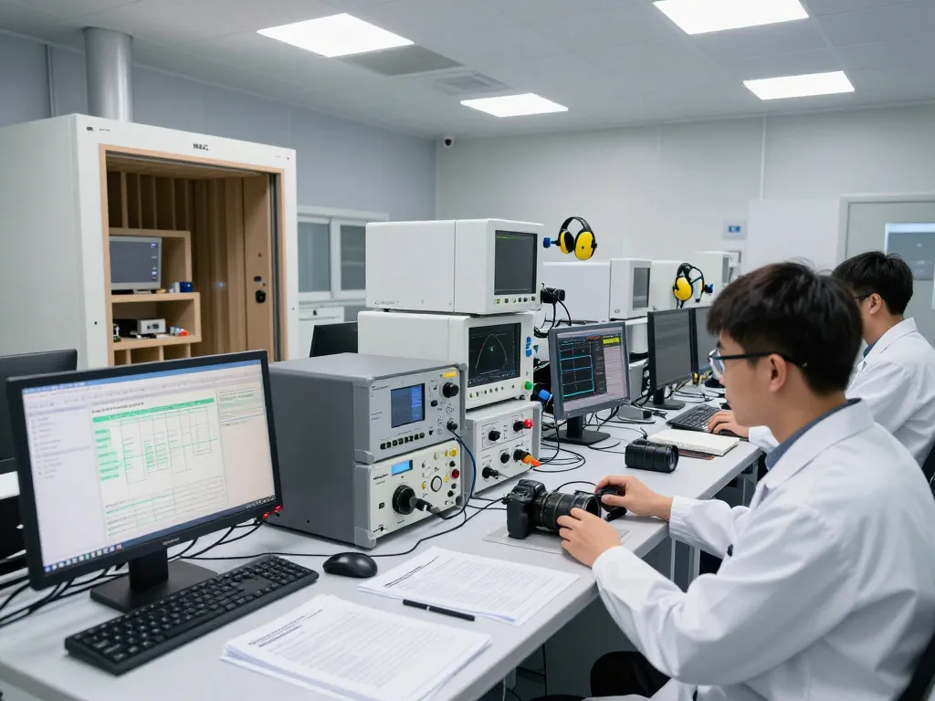EMC compliance testing in a modern laboratory with advanced equipment and professionals ensuring regulatory standards are met.