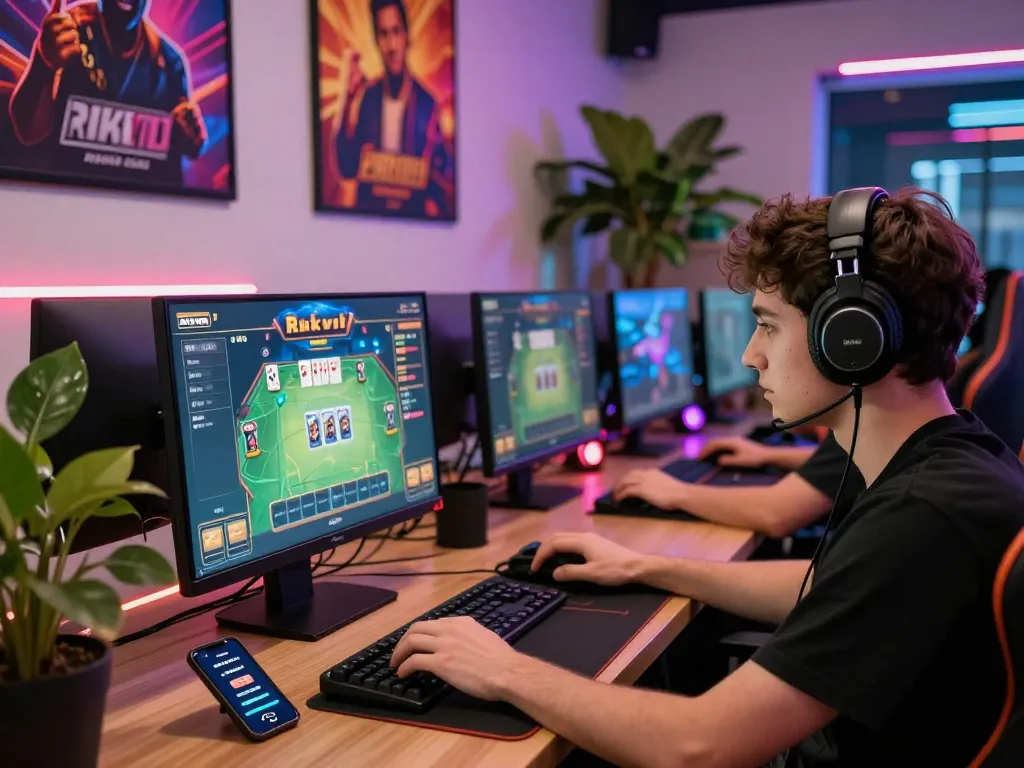 Engaged player focused on Rikvip online gaming platform, vibrant atmosphere with neon lights and competitive setup.