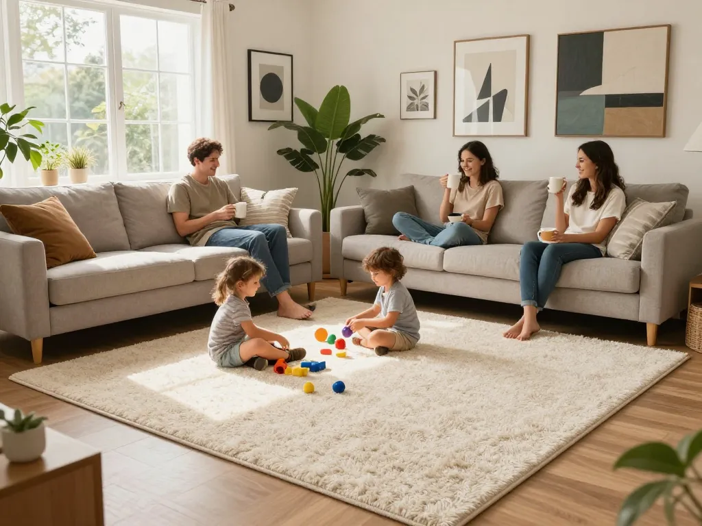 Residential carpet installation in a cozy living room setting with family enjoying their new carpet.