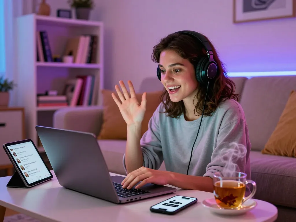 Engaging porn chat ai conversation in a cozy home workspace setting.