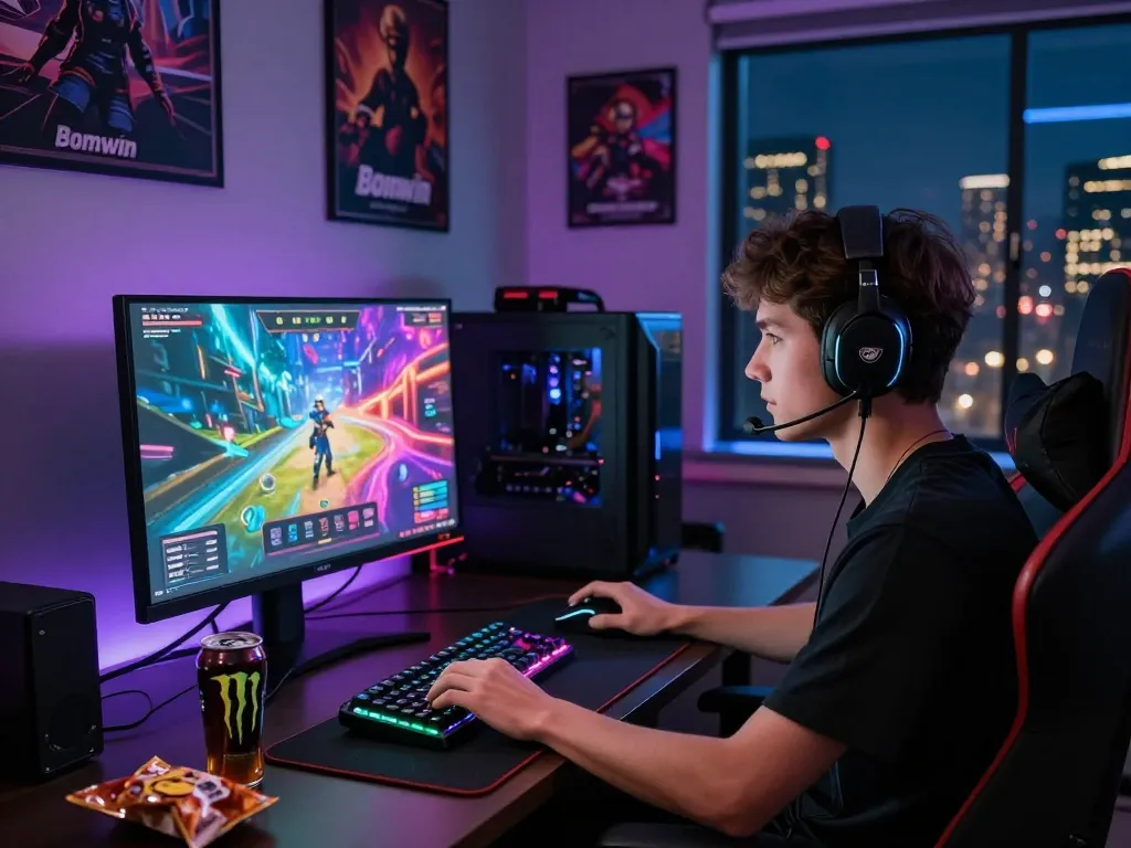 Engaged player exploring the Bomwin gaming platform with a vibrant atmosphere and gaming setup.