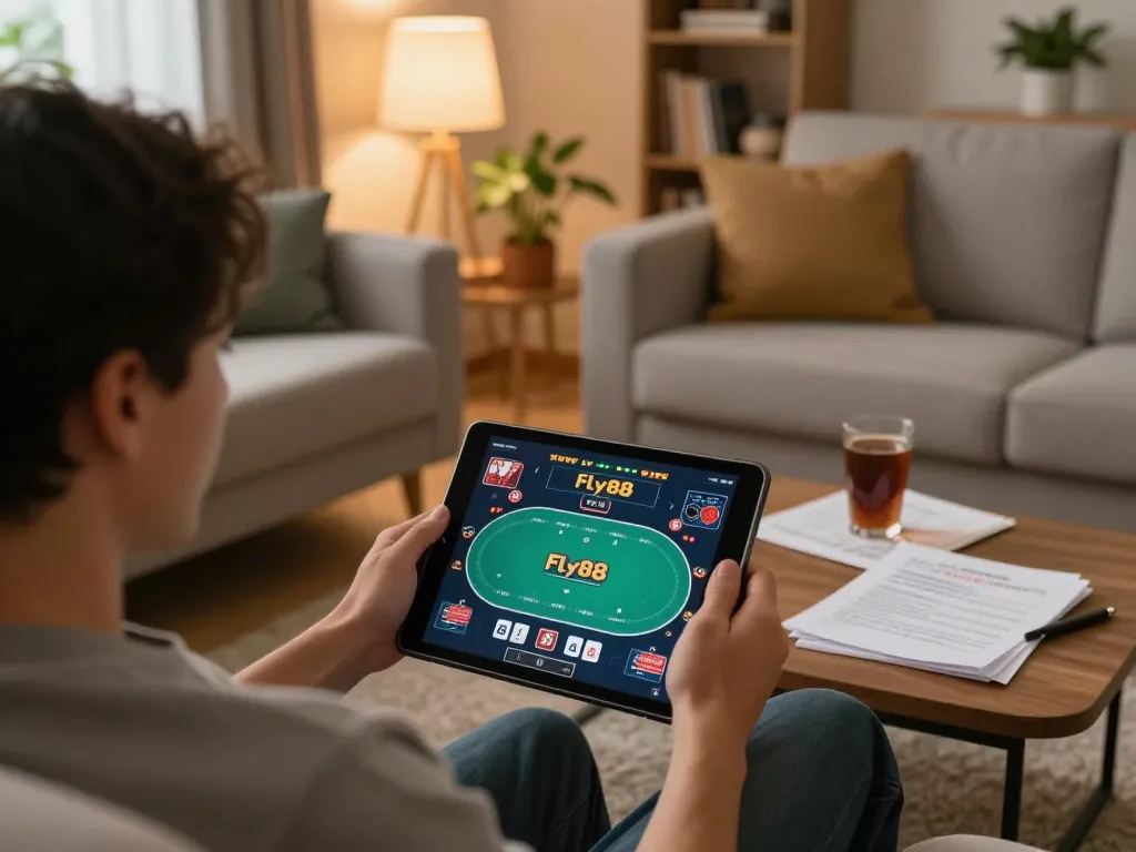 Engaging in online poker gameplay at Fly88 on a tablet while relaxing at home