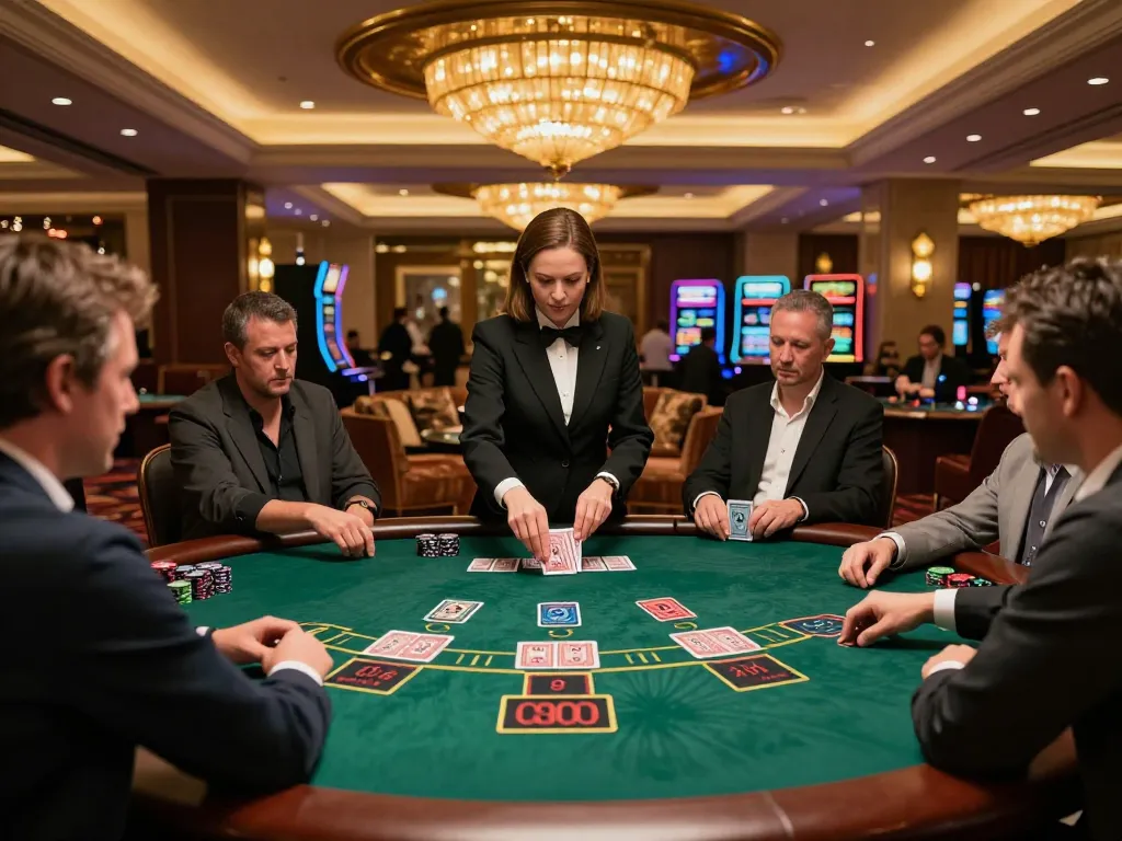 Players at a net88 blackjack table strategizing their moves under elegant lighting in a luxurious casino.