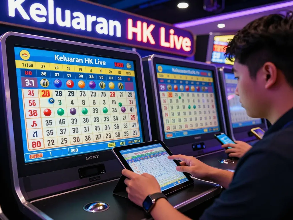 Pemain Togel Hongkong yang aktif berpartisipasi dalam acara live draw, dikelilingi oleh tampilan digital yang dinamis dan suasana yang meriah.