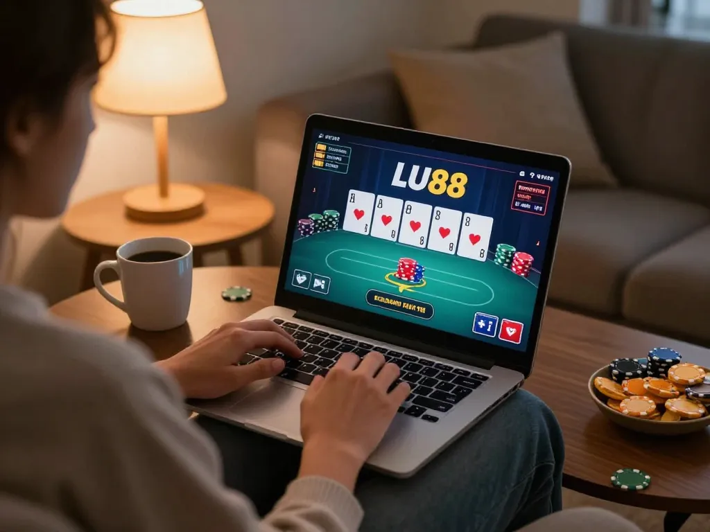 Player enjoying a poker game on LU88 platform from a cozy home environment.