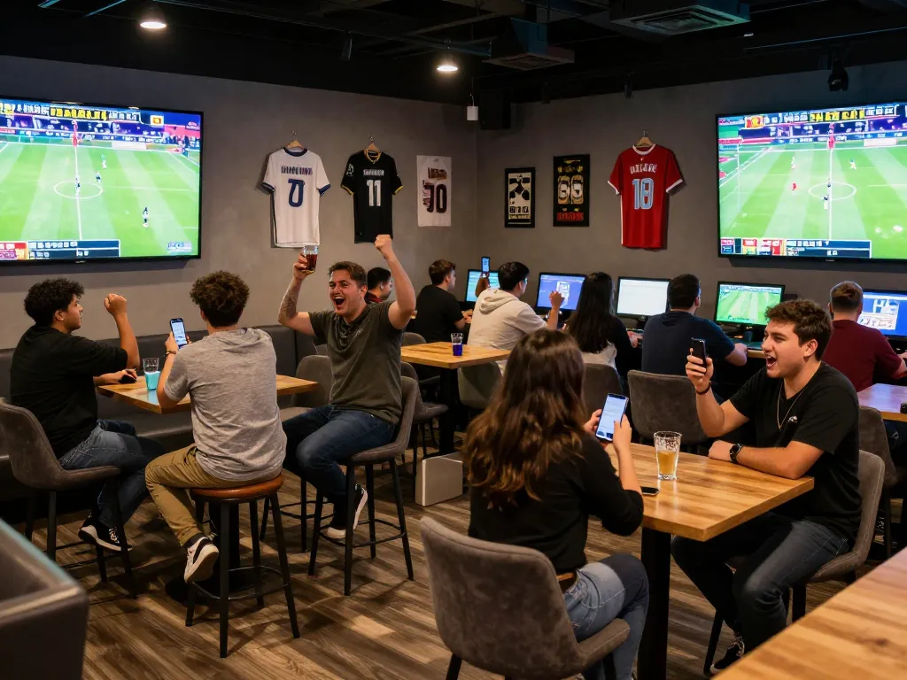 Aksi taruhan Situs Judi Bola di lounge olahraga yang ramai dengan penggemar antusias menggunakan smartphone untuk bertaruh.