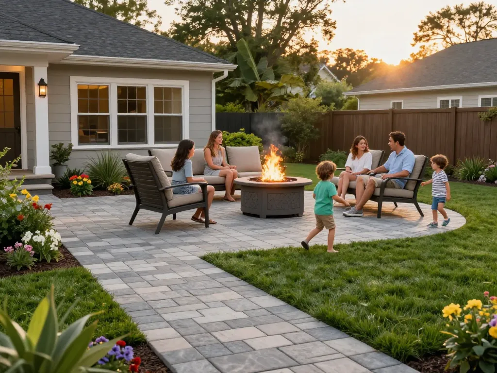 Paver contractors near me creating a beautiful outdoor space with family enjoying a paver patio.