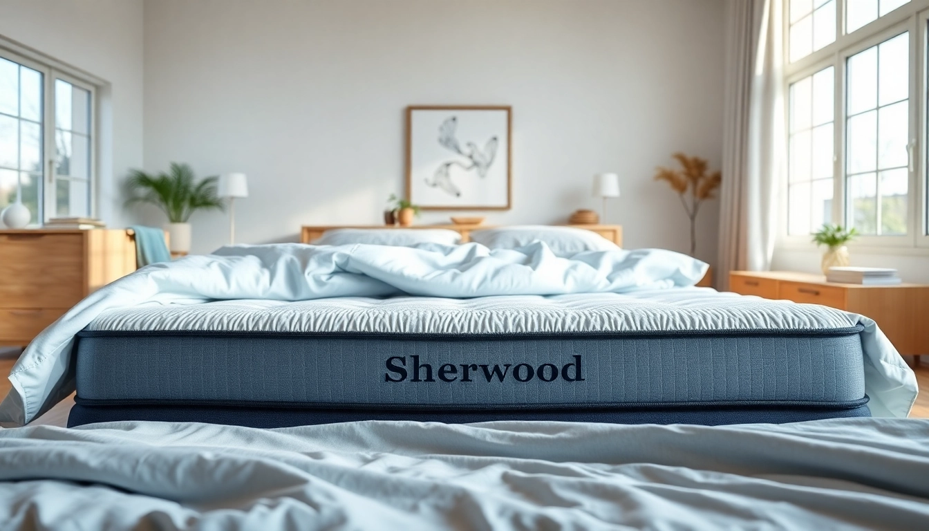 A cozy bedroom spotlighting a Sherwood mattress dressed in luxurious bedding.
