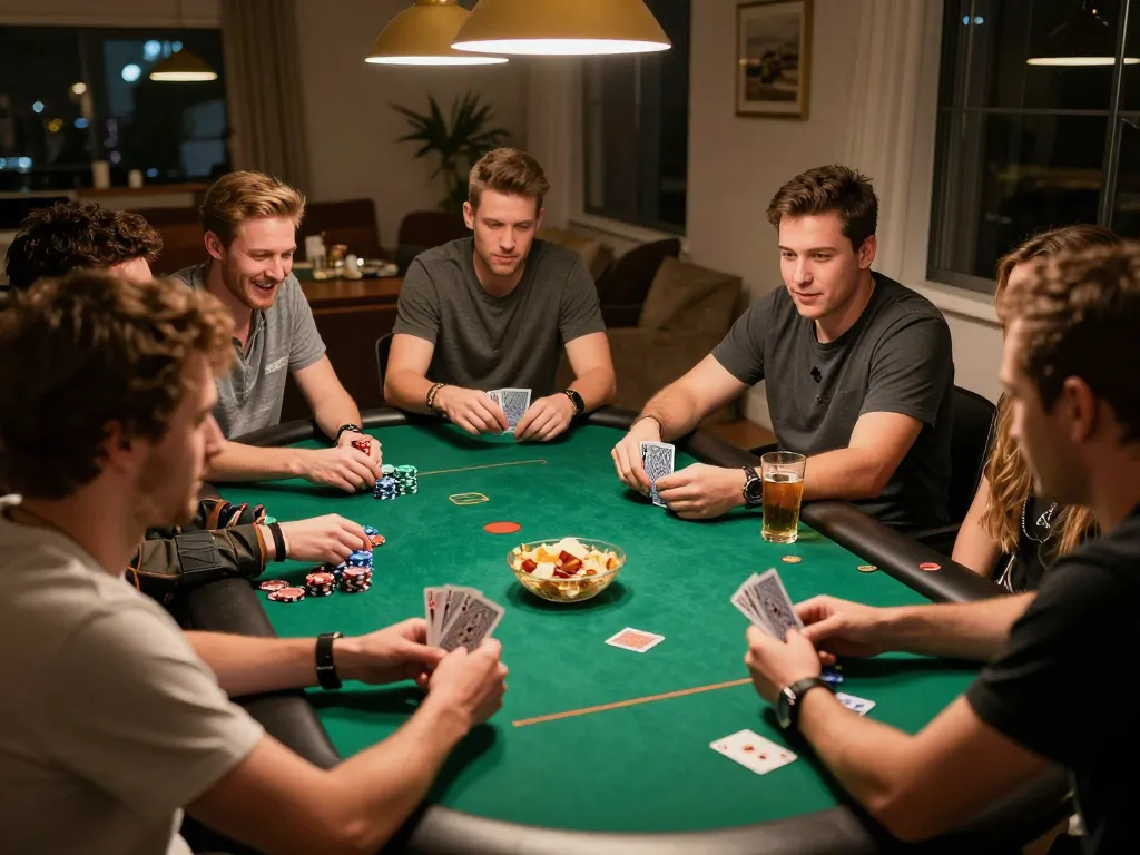Pemain berpartisipasi dalam malam poker kompetitif di rumah dengan SBOBET88, menunjukkan interaksi sosial dan permainan strategis.