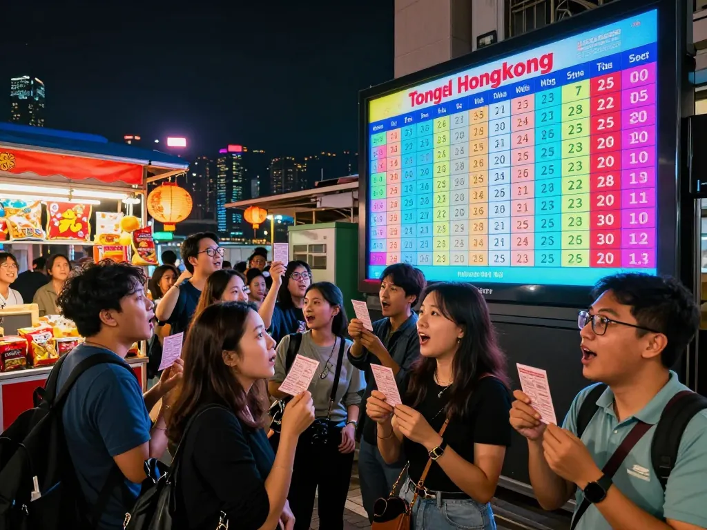 Pemain Togel Hongkong dengan antusias menyaksikan hasil lotere di suasana pasar malam yang meriah.