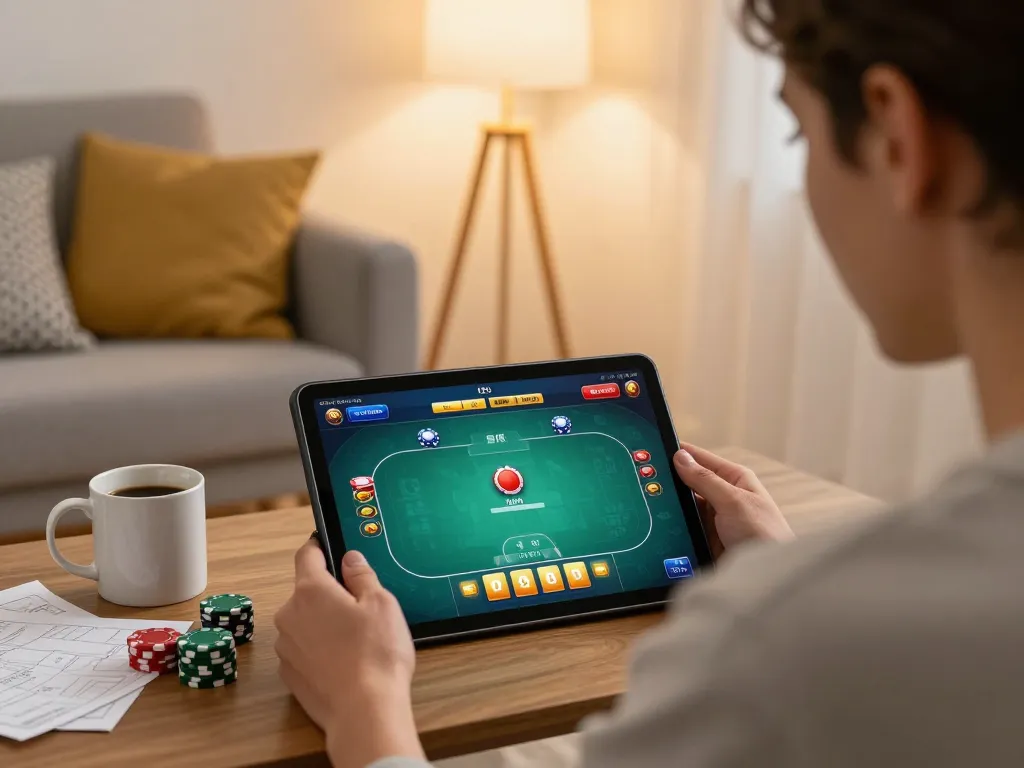 Engaging in online poker at home with sunwingo interface displayed on tablet in cozy living room.