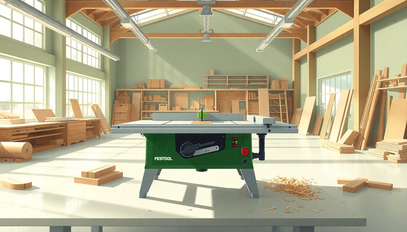 Creating a precise cut with a Festool table saw in a vibrant woodworking studio.