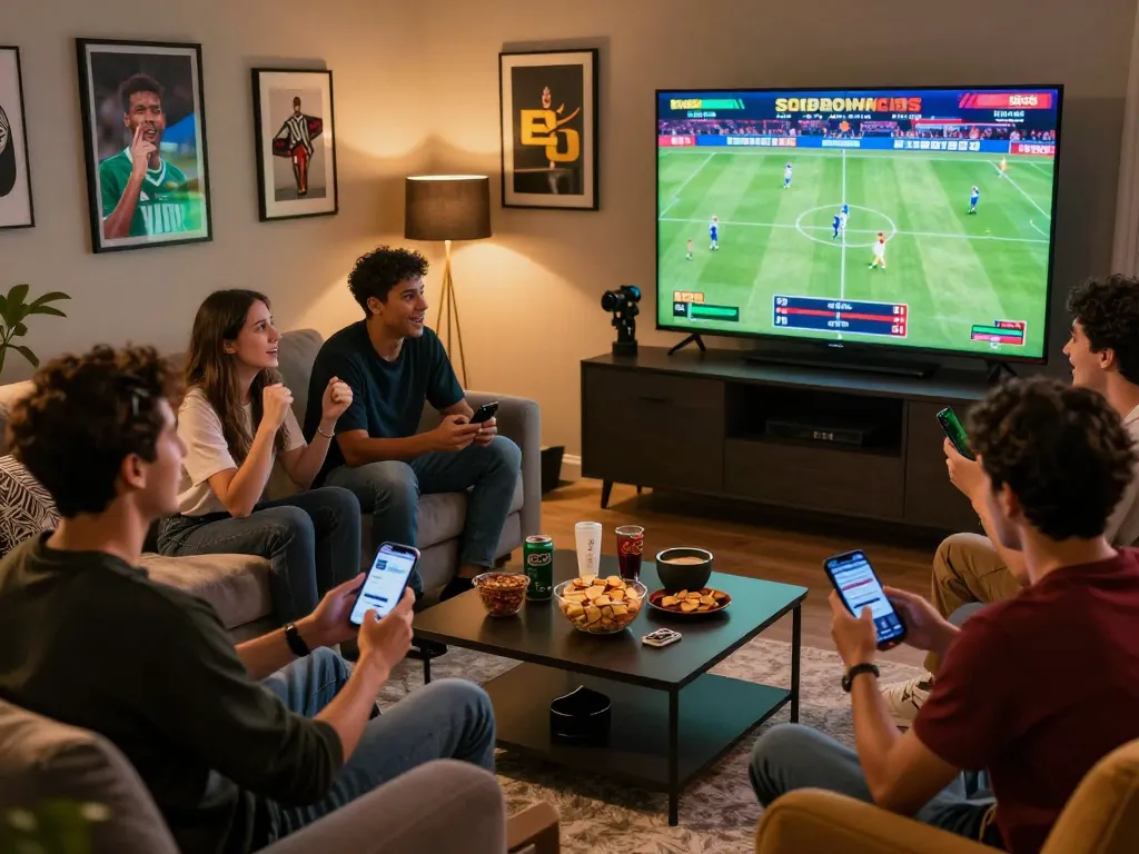 Friends enjoying live sports betting on SBOBET88 in a lively home setting with snacks.