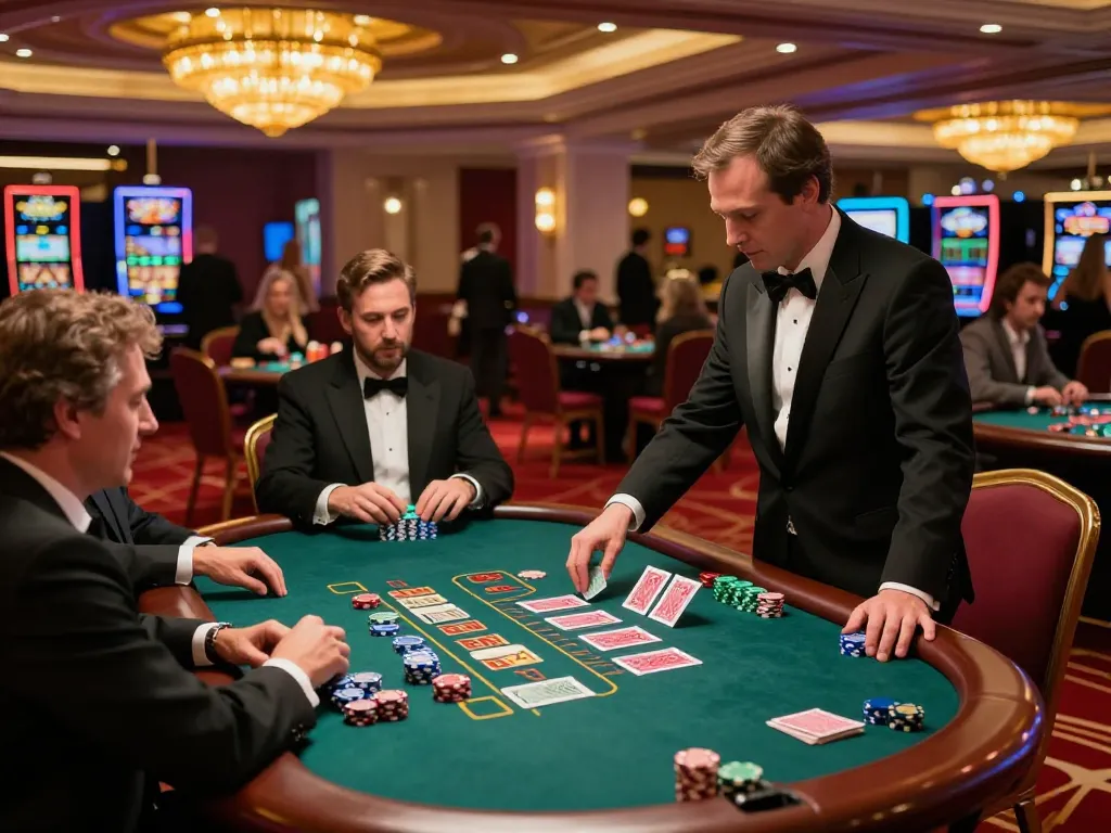 Players at five88 engaging in blackjack with chips on the table and dealer managing cards.
