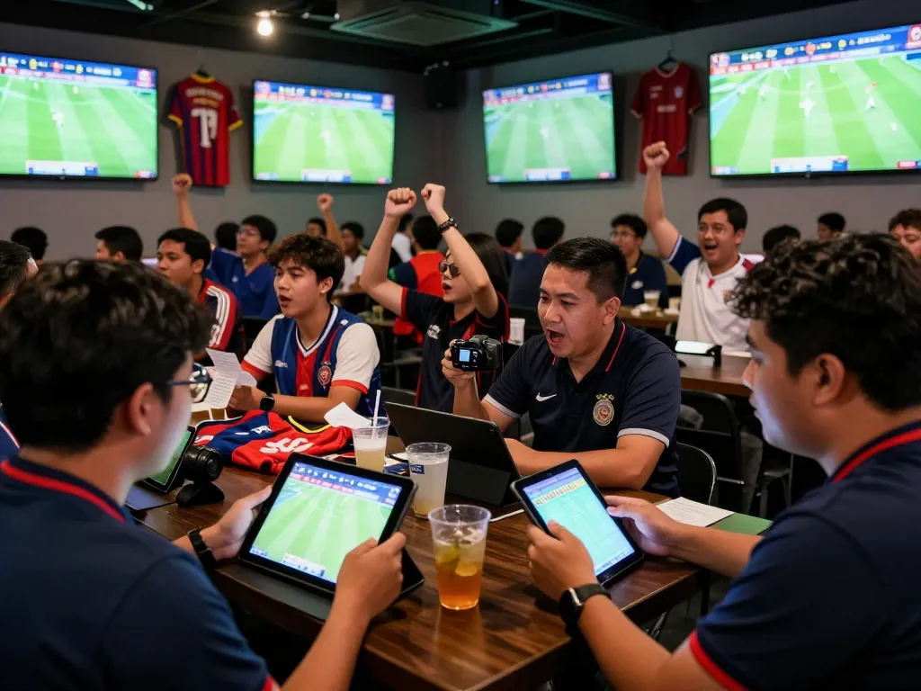 Excited fans engaging in Judi Bola betting at a lively football venue, showcasing the vibrant atmosphere.