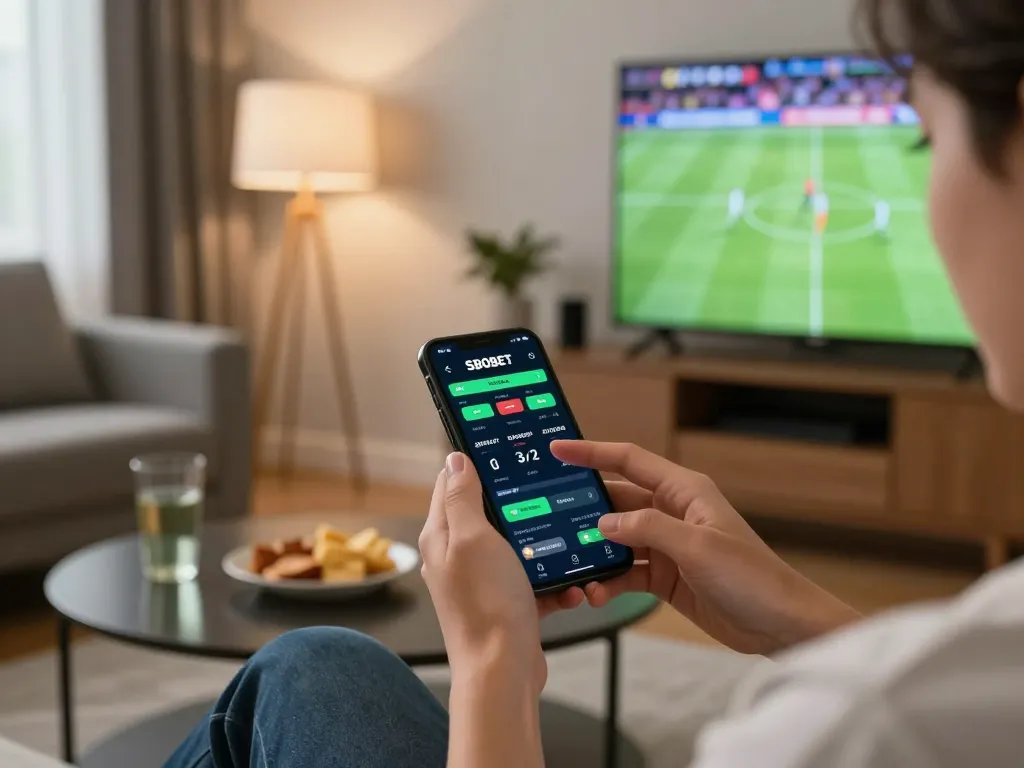Aplikasi SBOBET dalam aksi di smartphone selama sesi taruhan olahraga yang mendebarkan di rumah