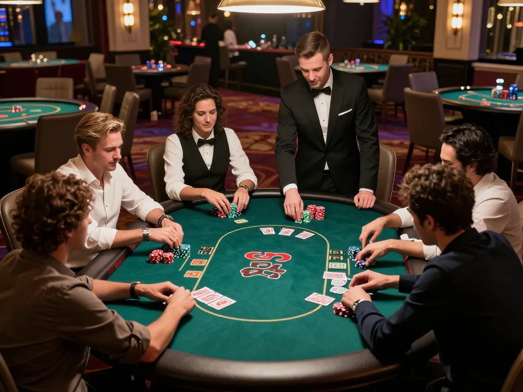 Players enjoying poker at HELLO88's upscale casino environment, showcasing excitement and strategic gameplay.