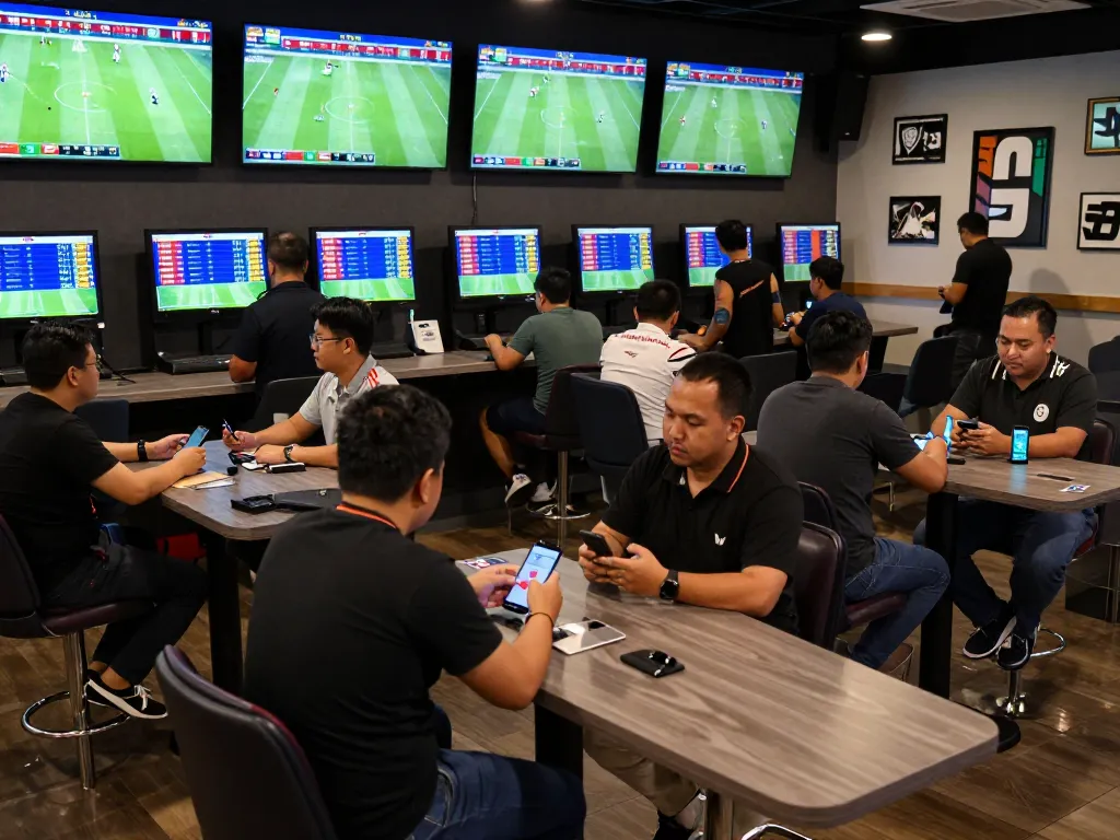 Suasana menarik dari taruhan judi bola dengan penggemar yang memasang taruhan dan menonton pertandingan langsung
