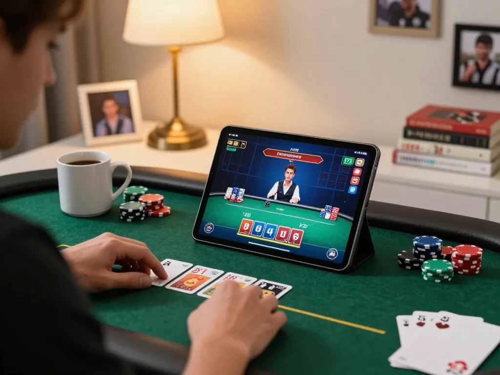 Engaged player at home playing poker online with UU88, displaying chips and game interface.