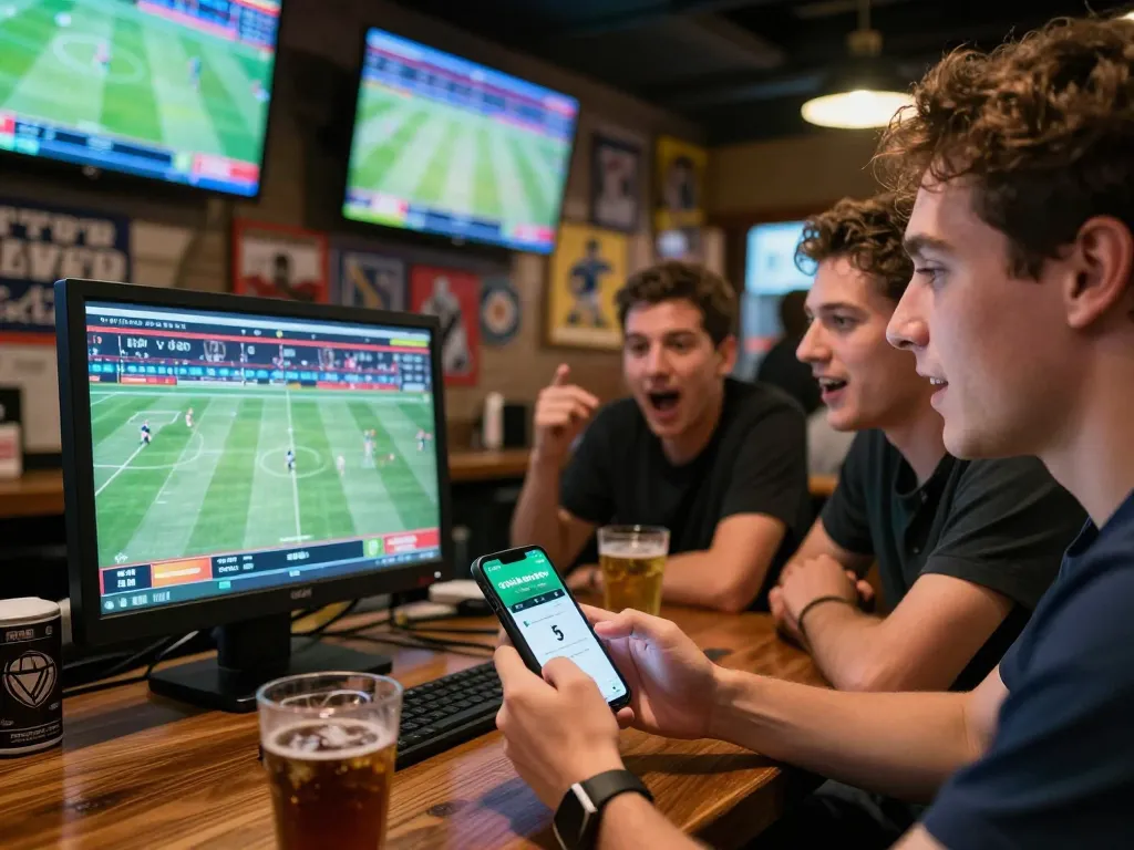 Tỷ lệ kèo nhà cái 5 displayed on a smartphone during live sports betting in a vibrant bar.
