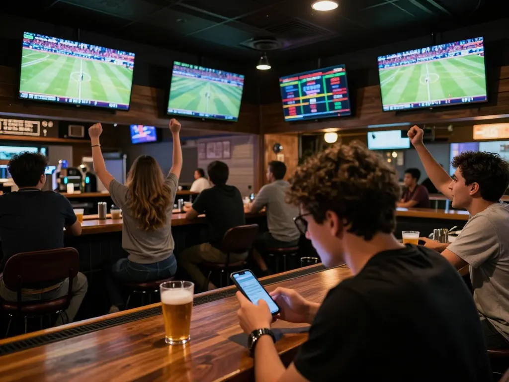 Person engaged in soi keo nha cai at a sports bar, focused on smartphone bets amid excited friends.