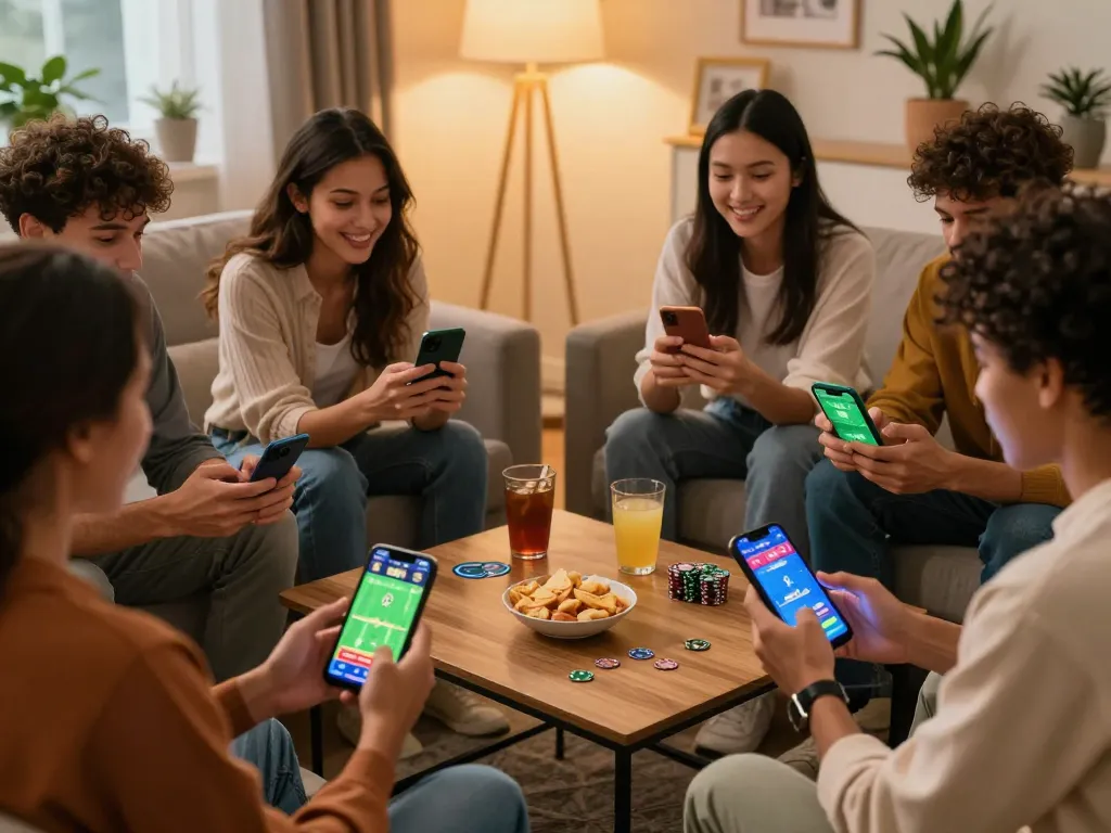 Excited friends using their smartphones for xo88 sports betting in a cozy living room.