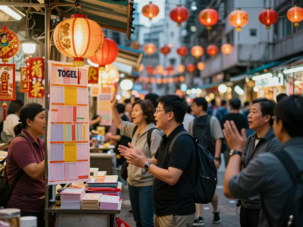 Pemuka lotere Togel Hongkong di pasar jalanan yang ramai di Hong Kong