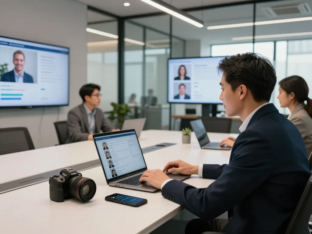 AI phone screening interview in modern office with recruiters evaluating candidates.