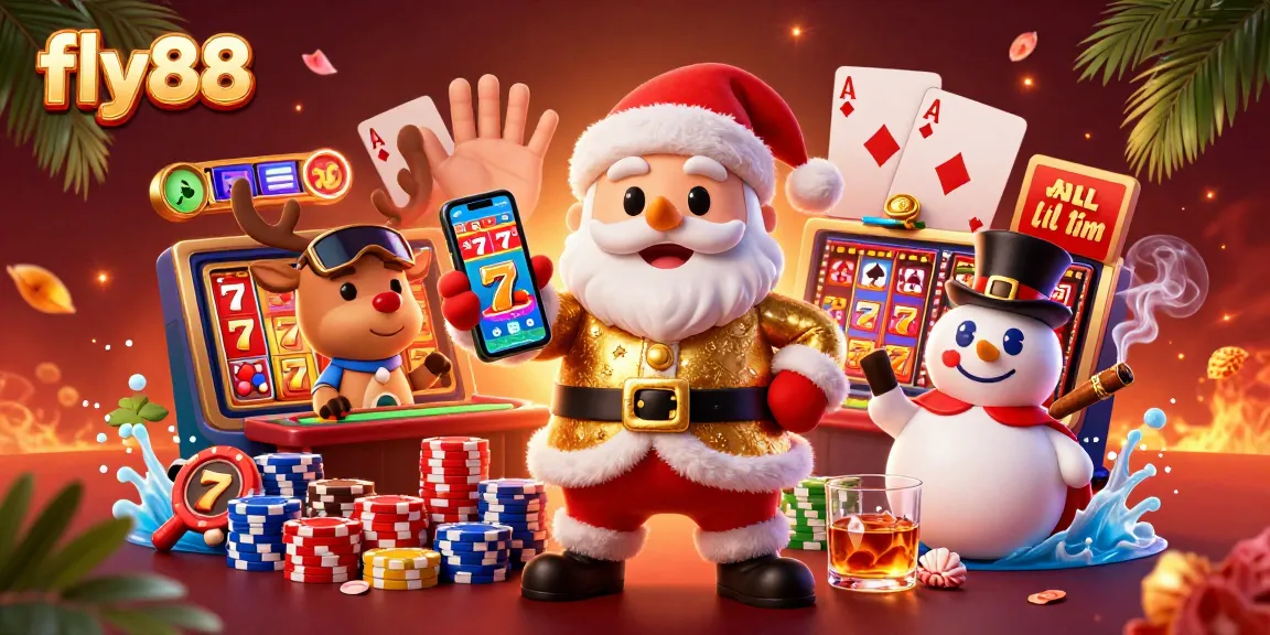 Experience excitement at fly88 with Santa and friends celebrating jackpots in a vibrant casino setting.