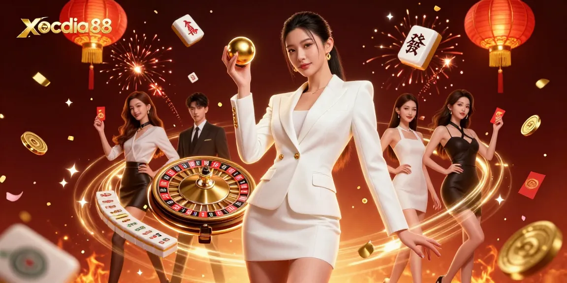 Xocdia 88 presents an exciting scene featuring a glamorous Asian woman holding a golden roulette ball amid vibrant casino elements.