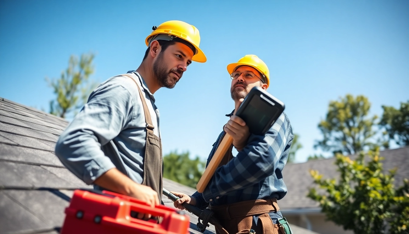 Roofing contractor analyzing a residential roof with tools in a bright backyard.