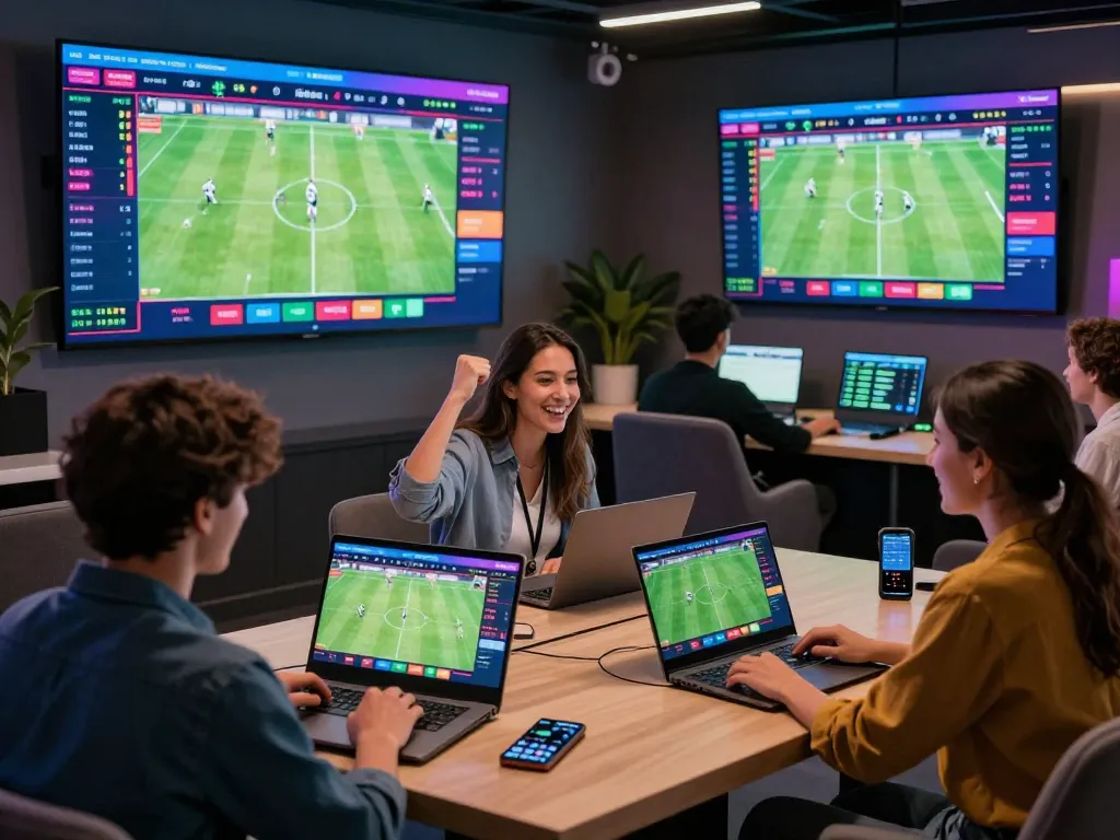 Engaged players using OKFUN platform for live football betting in modern lounge.