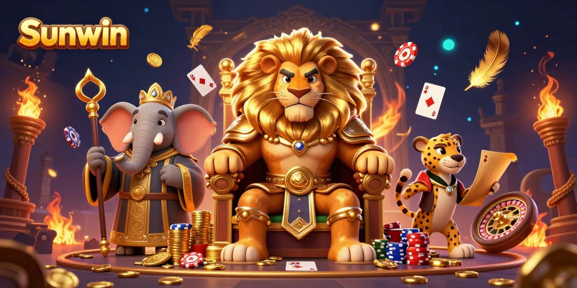 Engage in thrilling casino action with the vibrant Sunwin scene featuring a lion king and gaming elements.