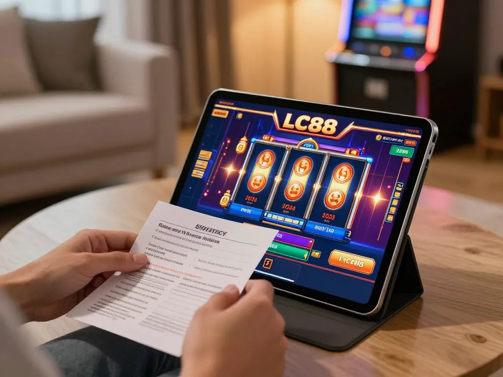 Engaging in online gaming with LC88 strategy notes at hand, showcasing an immersive gambling experience