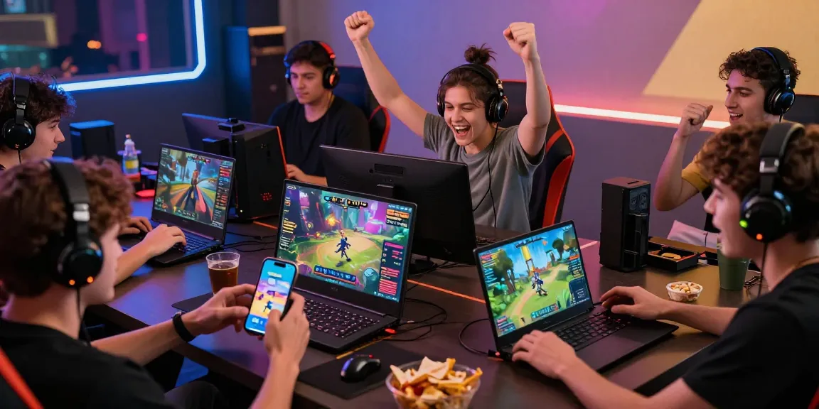 Xocdia 88 gaming scene with diverse players celebrating wins on various devices, highlighting excitement and engagement in online gaming.
