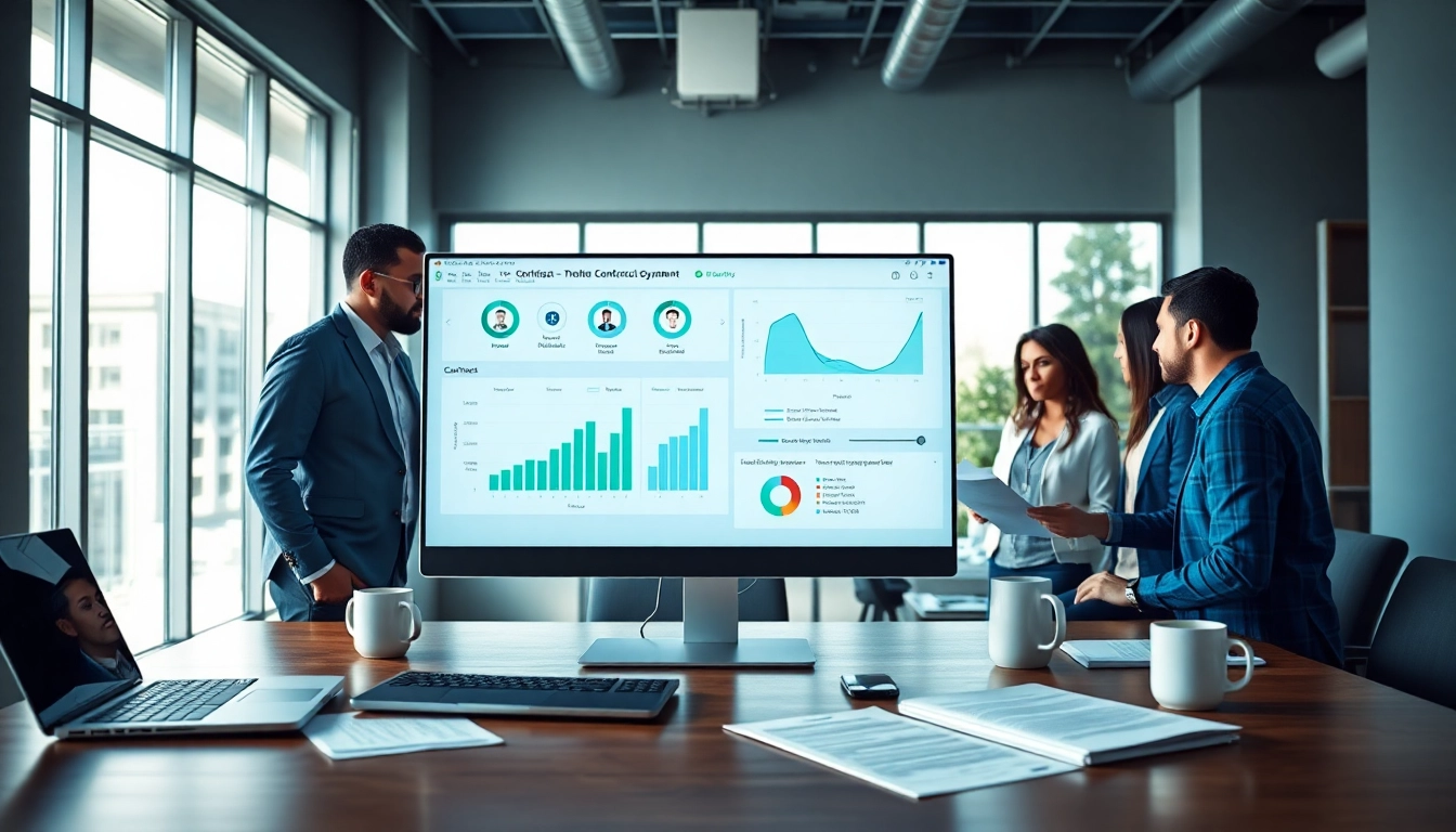 Streamlined interface showcasing Contract Management process while diverse team collaborates.