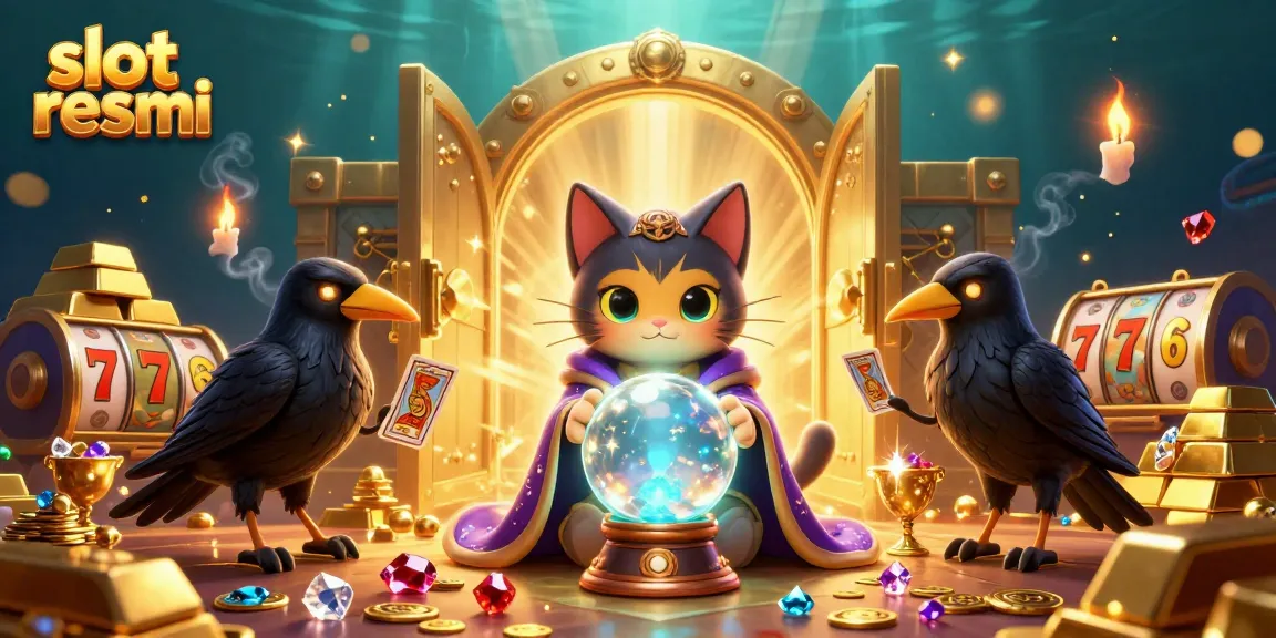 Spin the reels and win at slot resmi with the mystic fortune teller cat and glowing raven in a dazzling casino scene.