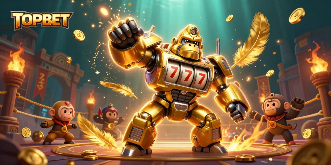 TOPBET shows thrilling gaming action with a golden gorilla mech and vibrant casino elements.