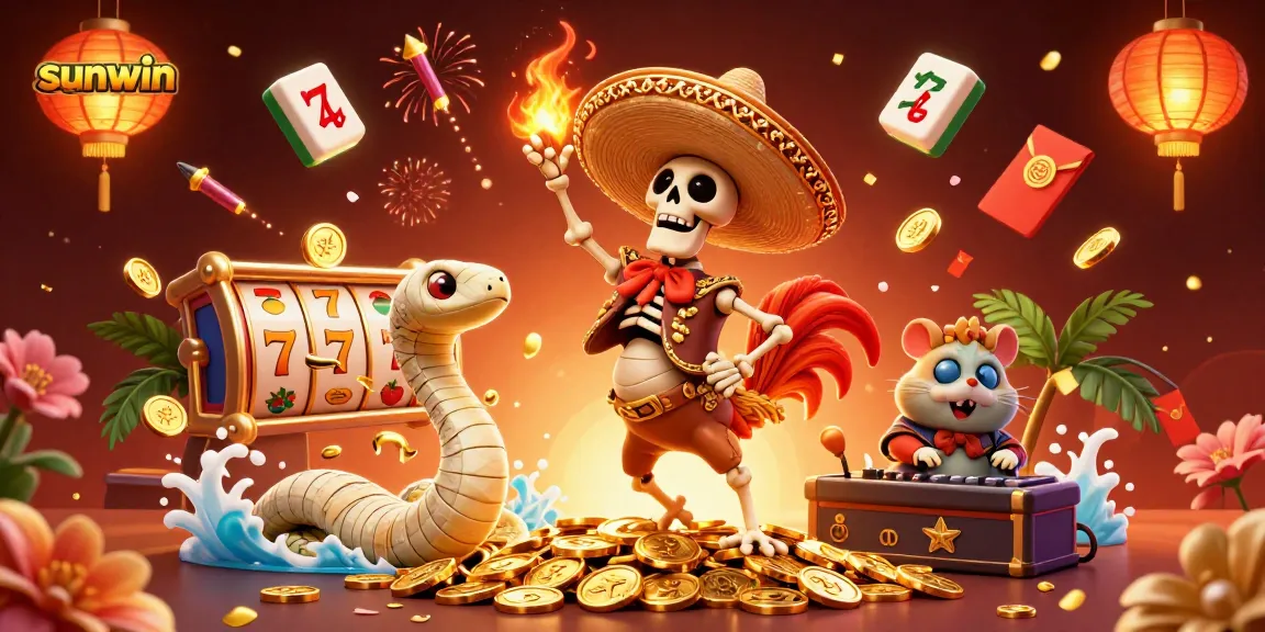 Win big at sunwin with a vibrant casino scene featuring lucky characters and dynamic gaming elements.